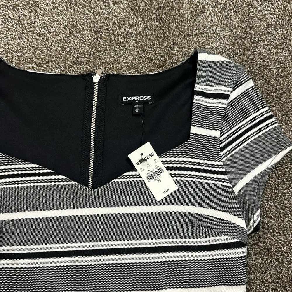 NWT Express body con stripes business casual black and white striped dress XS - Picture 2 of 9